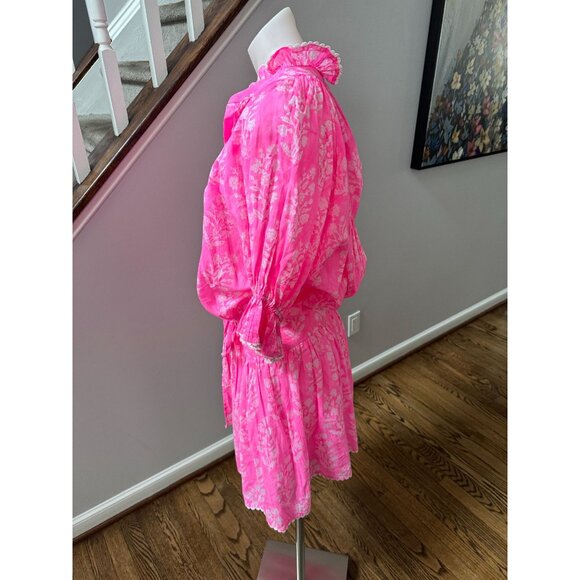 Juliet Dunn Scalloped Blouson Cotton Mini Dress Washed Orchid Floral Print 0 - Picture 5 of 6